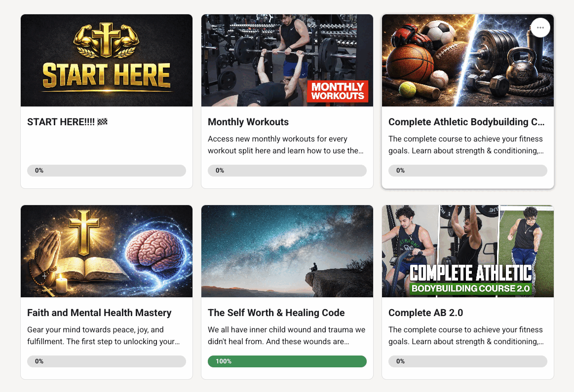 Private community platform showing courses and monthly workouts