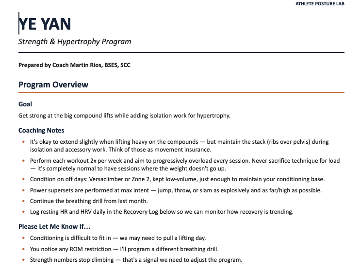 Sample custom strength and hypertrophy program written by Coach Martin Rios